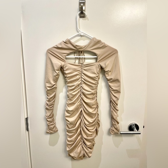 Oh Polly Long Sleeve Ruched Cut Out Mini Dress In Beige - Picture 2 of 3